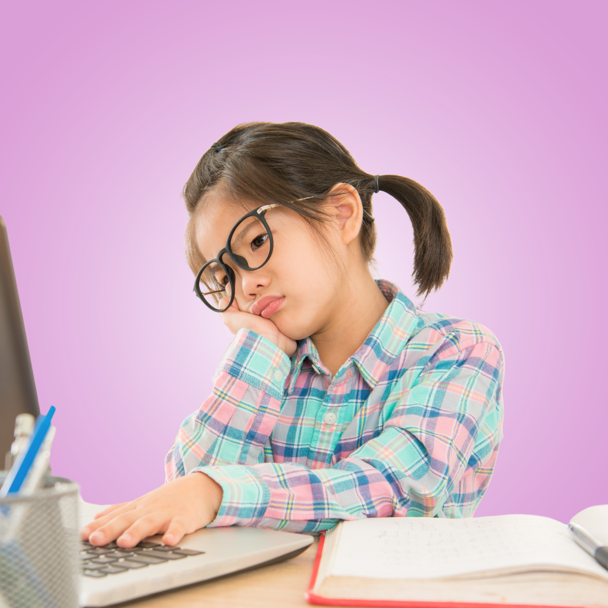 discouraged child looking at computer