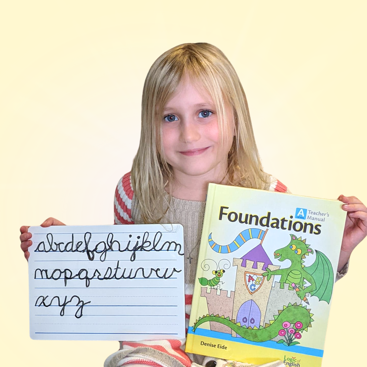 student with Foundations A manual and whiteboard