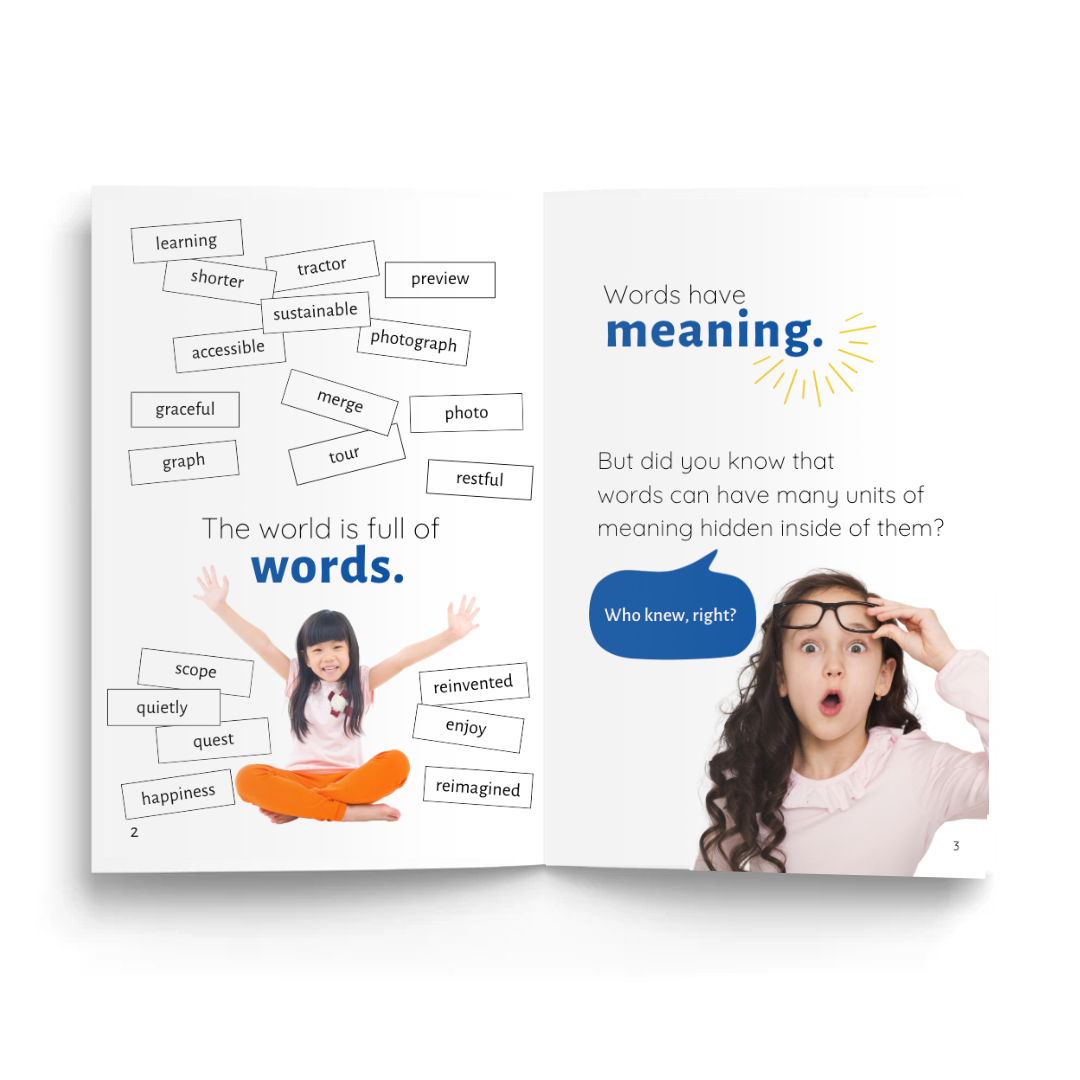 Open book with educational content about words and their meanings on a white background