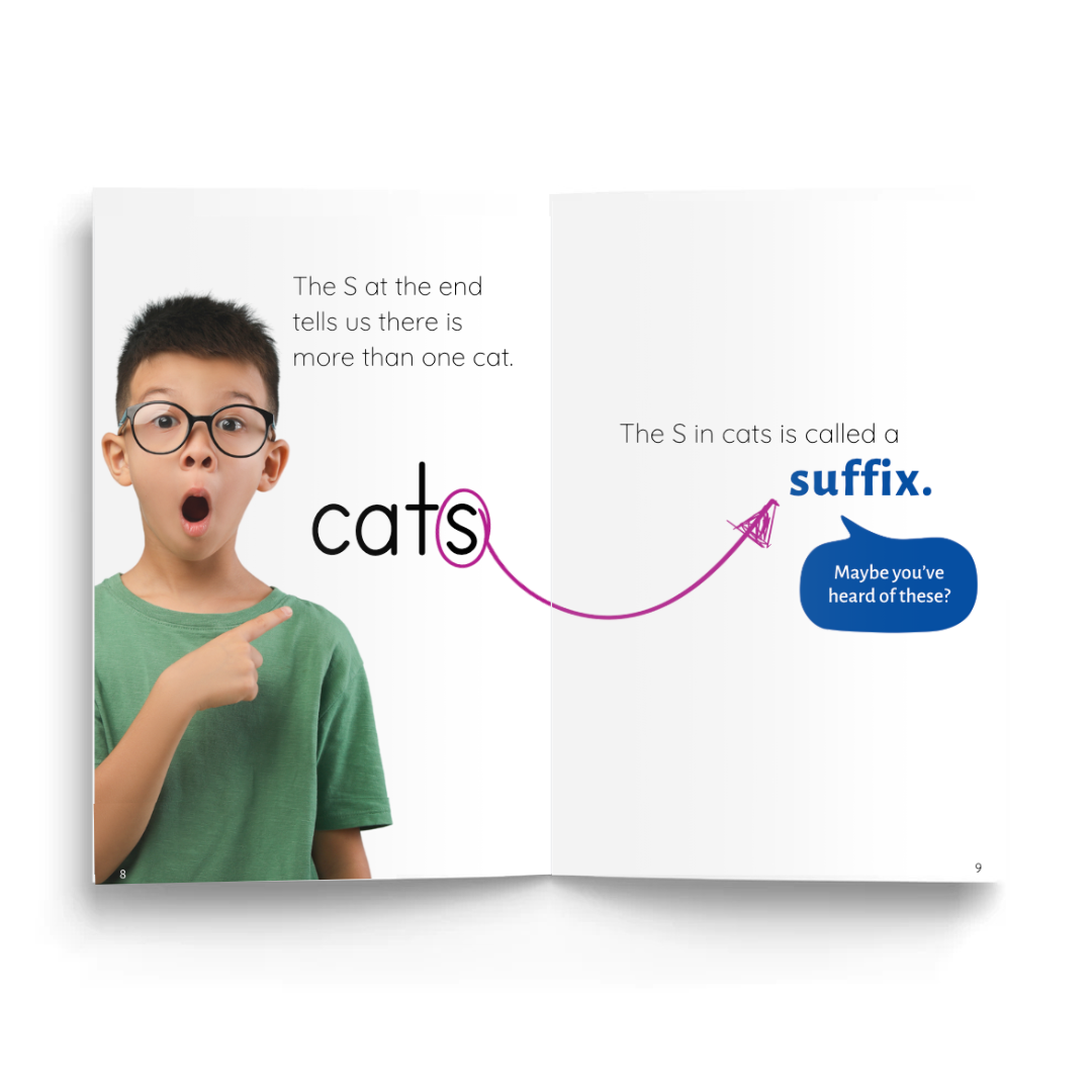 Educational book open to a page with a boy pointing at text explaining suffixes.