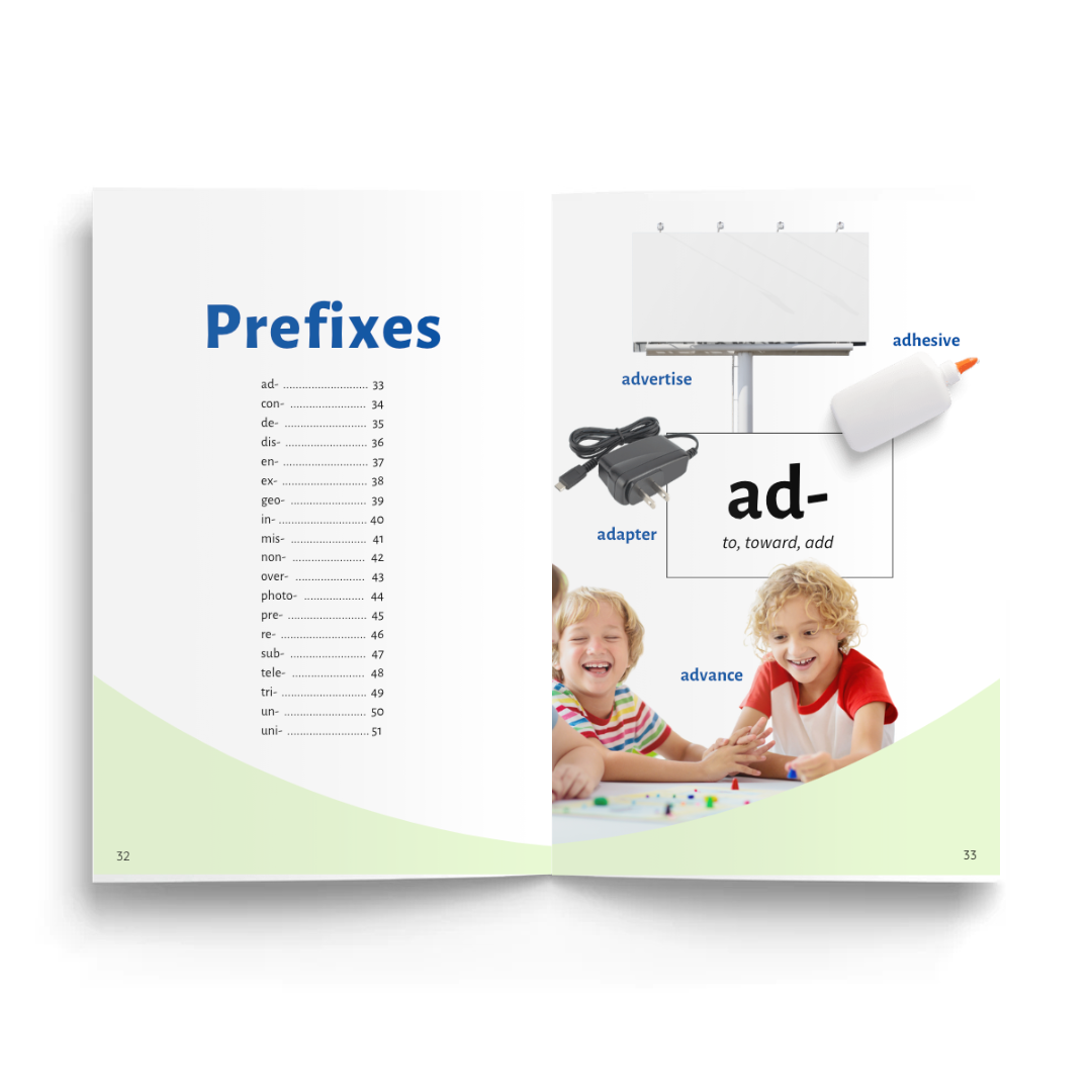 Educational book on prefixes with examples of the prefix "ad" on a white background