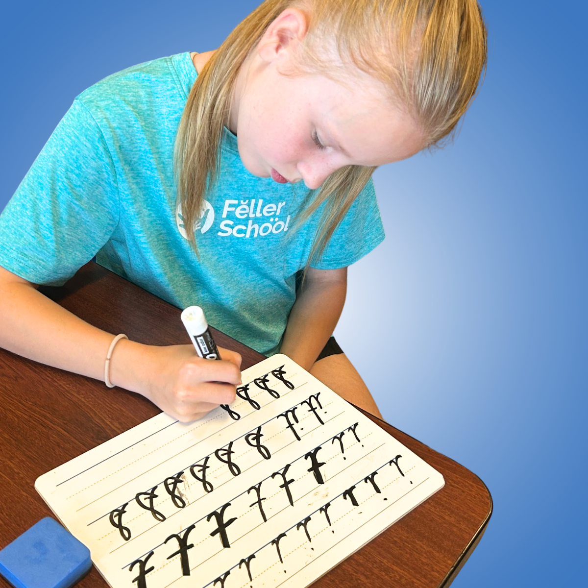 student practicing cursive handwriting
