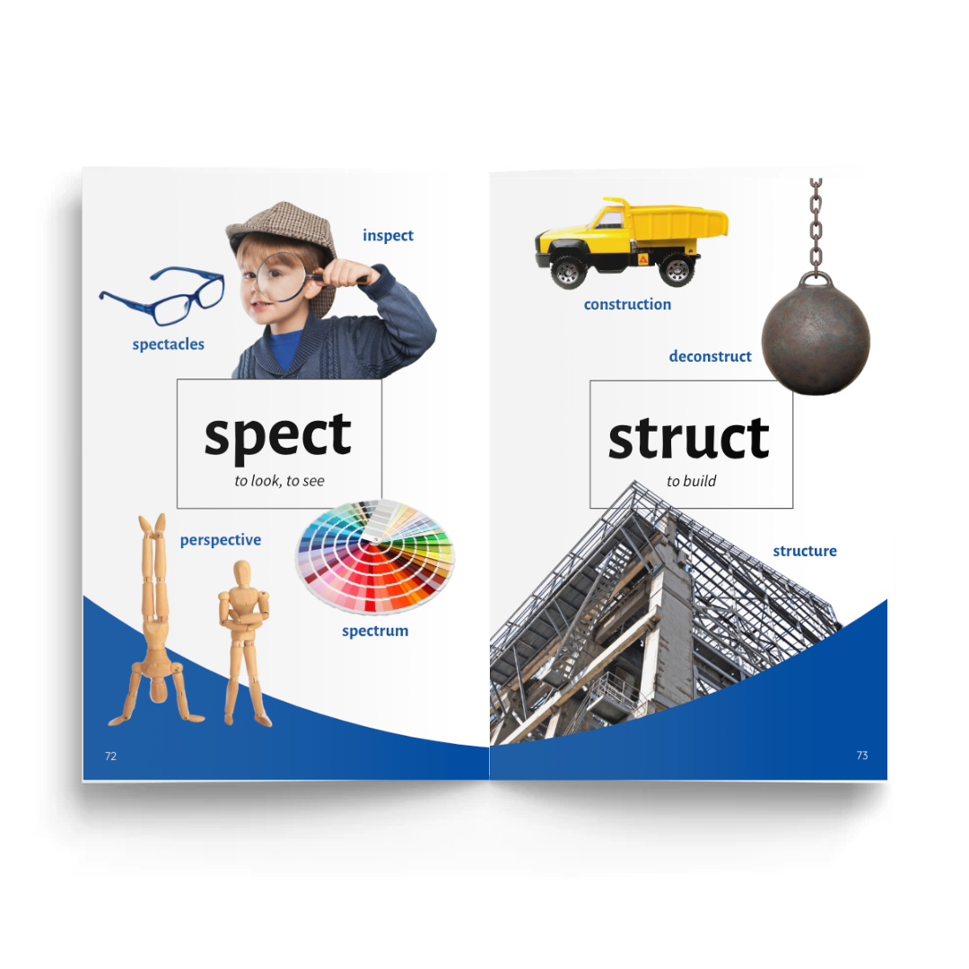 Educational book with images of a child, truck, and building, featuring vocabulary words like 'inspect', 'construct', and 'structure'.