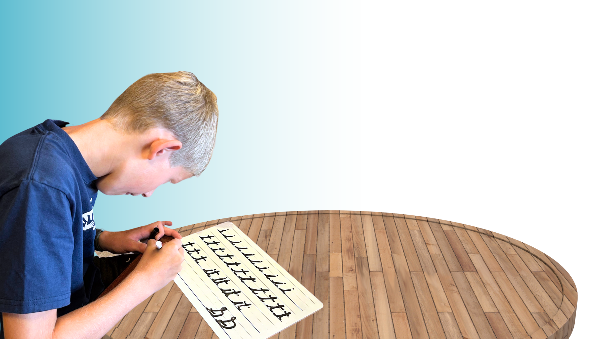 boy practicing handwriting on whiteboard