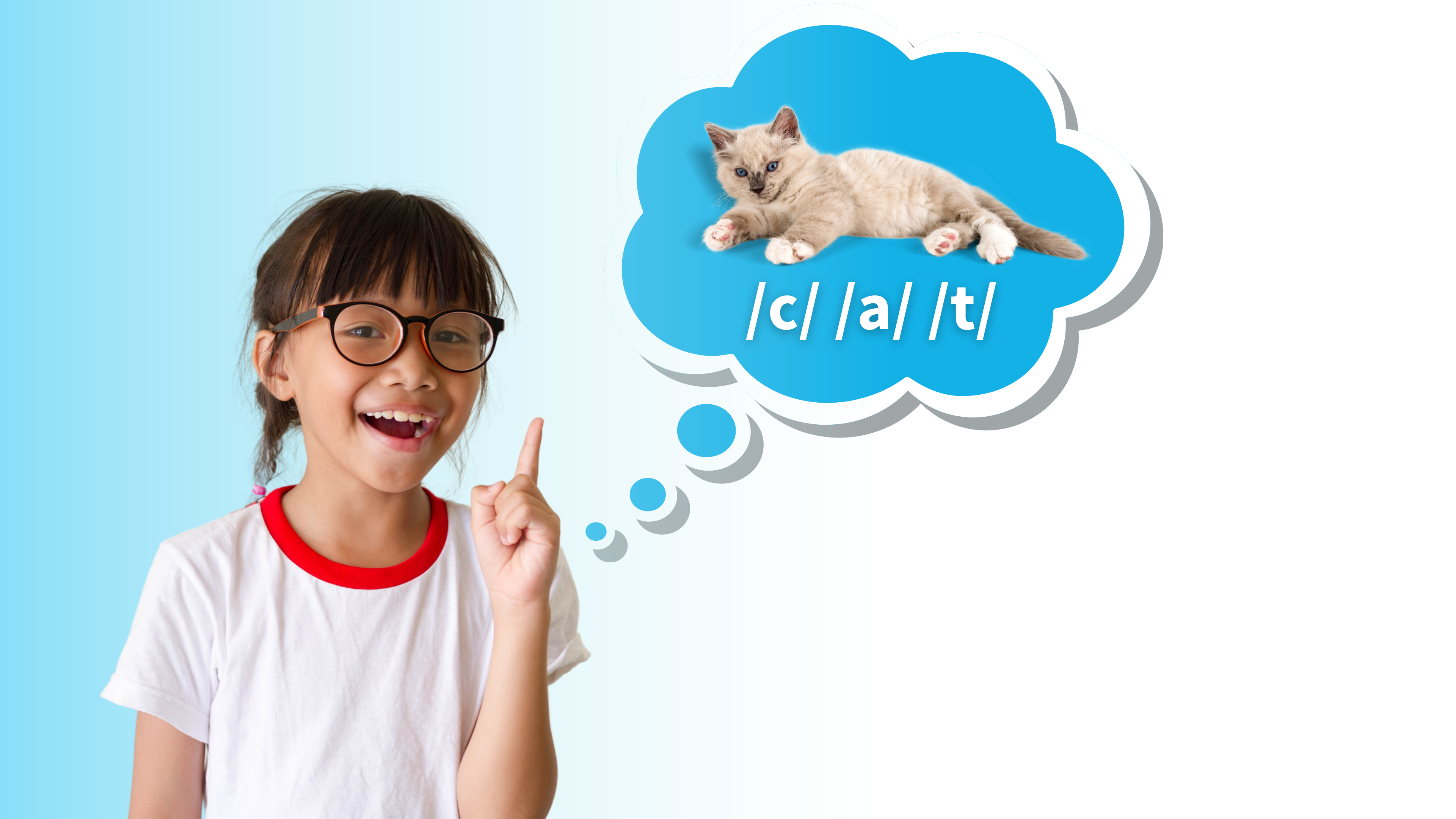 student pointing to cat image with phonetic spelling of word cat