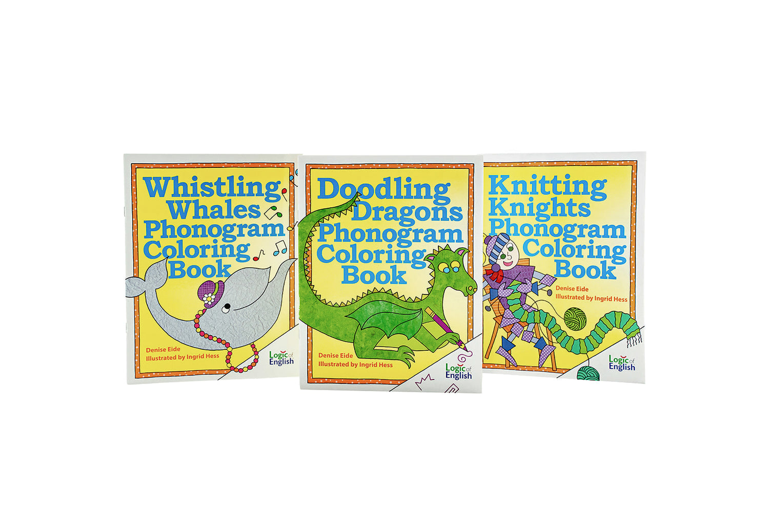 Doodling Dragons, Whistling Whales, and Knitting Knights phonogram coloring books