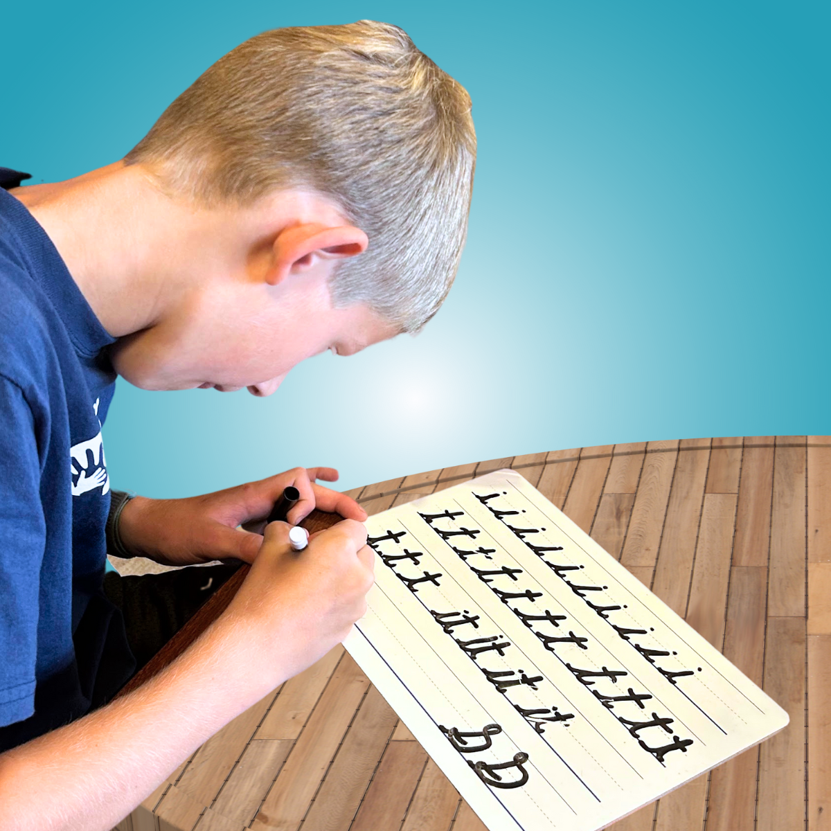 student practicing cursive handwriting