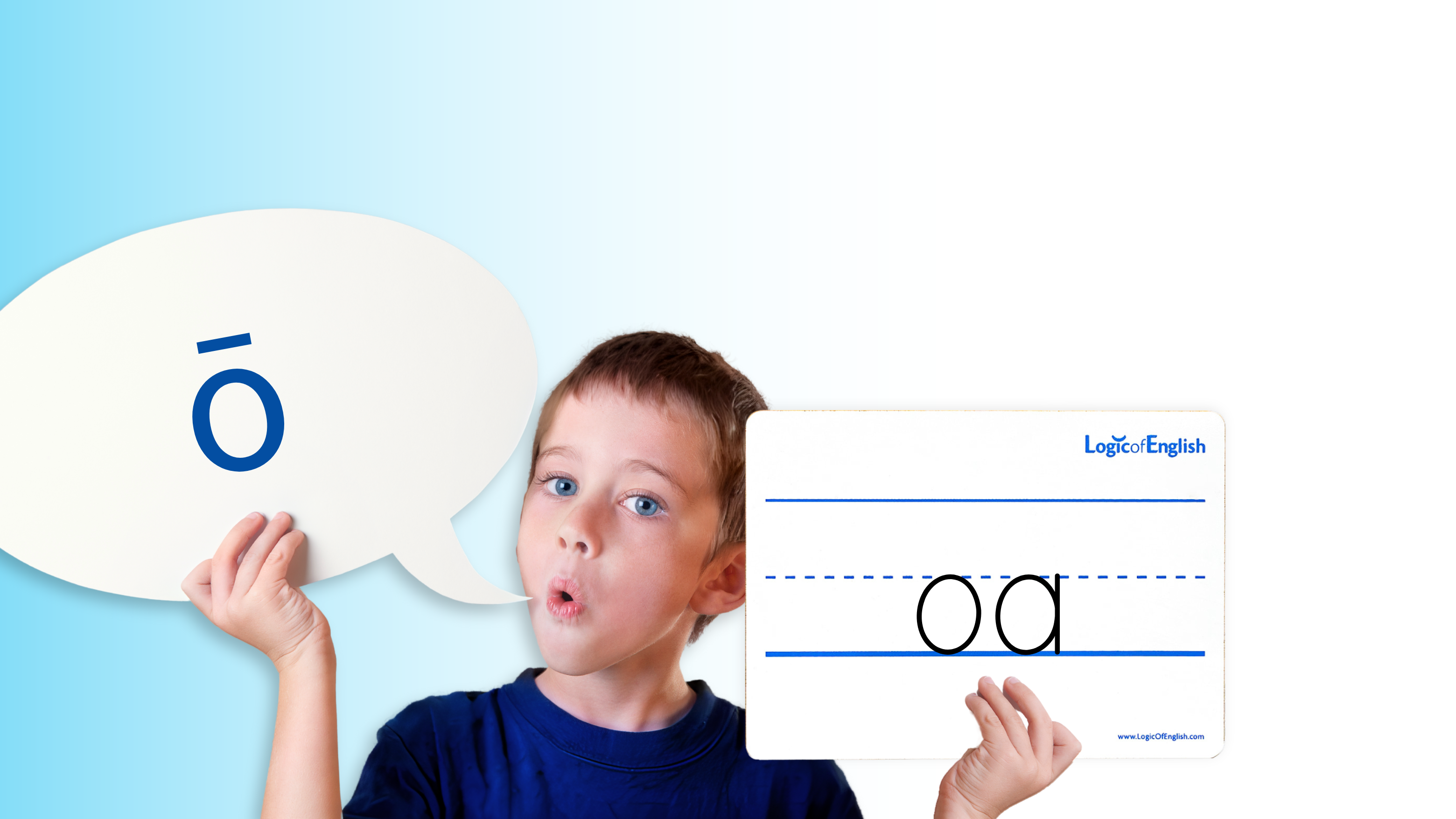 student holding word bubble with long O and whiteboard with OA phonogram