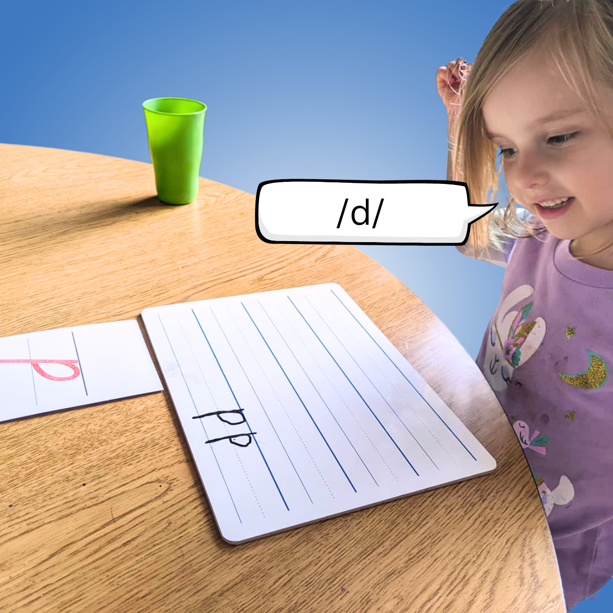 girl writing lowercase D on white board