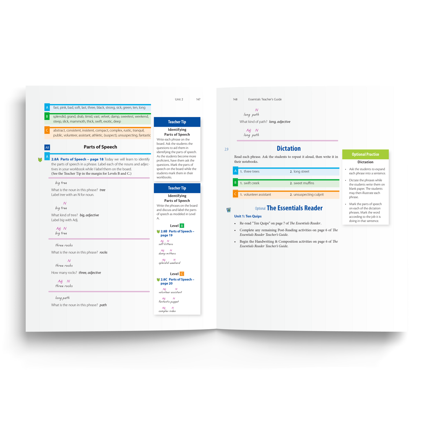 Sample of Teacher's Guide for Essentials Units 1-7 - Parts of Speech, Dictation, and the optional Essentials Reader