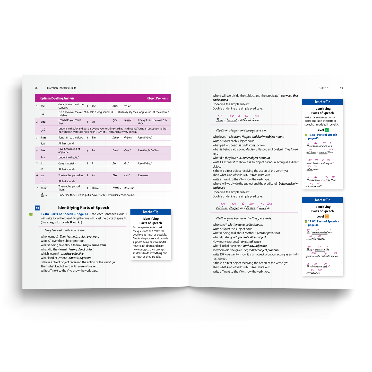 Sample of Teacher's Guide for Essentials Units 16-22 - Identifying Parts of Speech