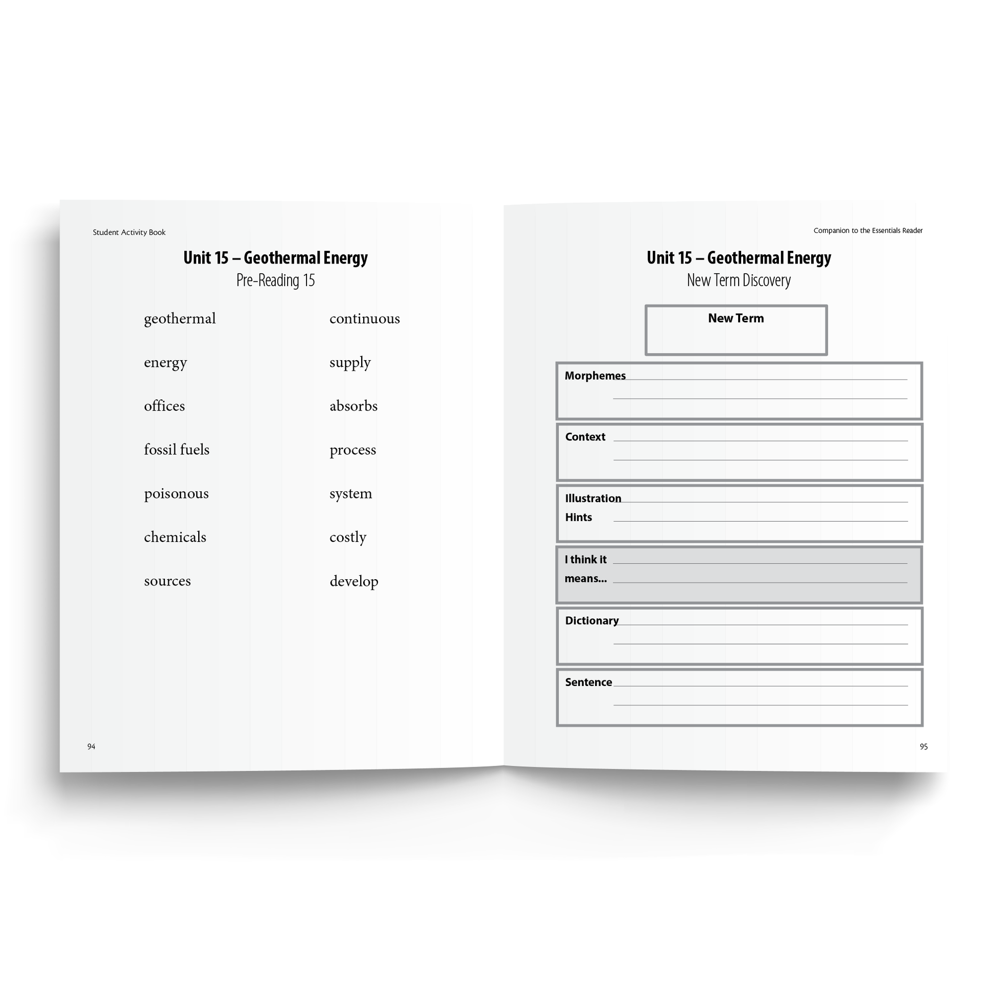 Sample of the Student Activity Book used with the Essentials Reader - Unit 15