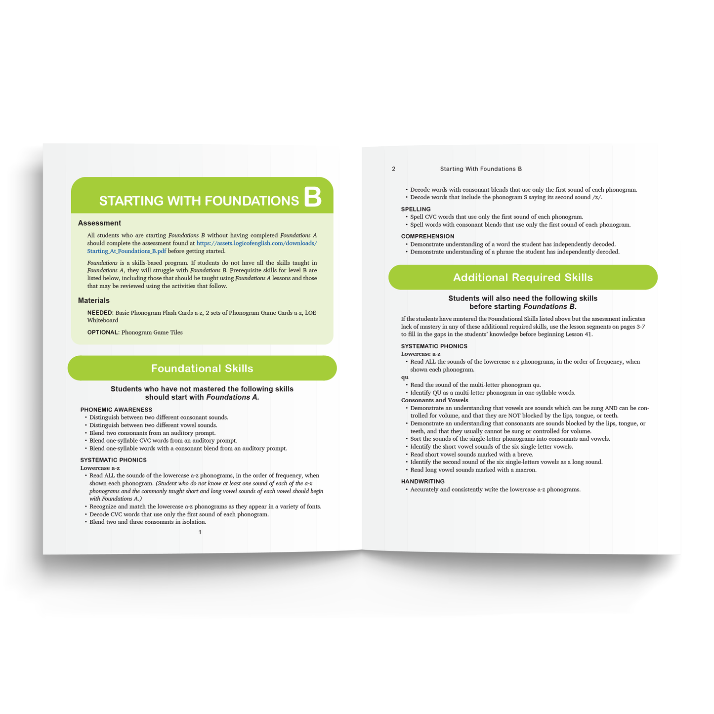 Sample of Teacher's Manual for Foundations B - Starting at Foundations B Placement Assessment