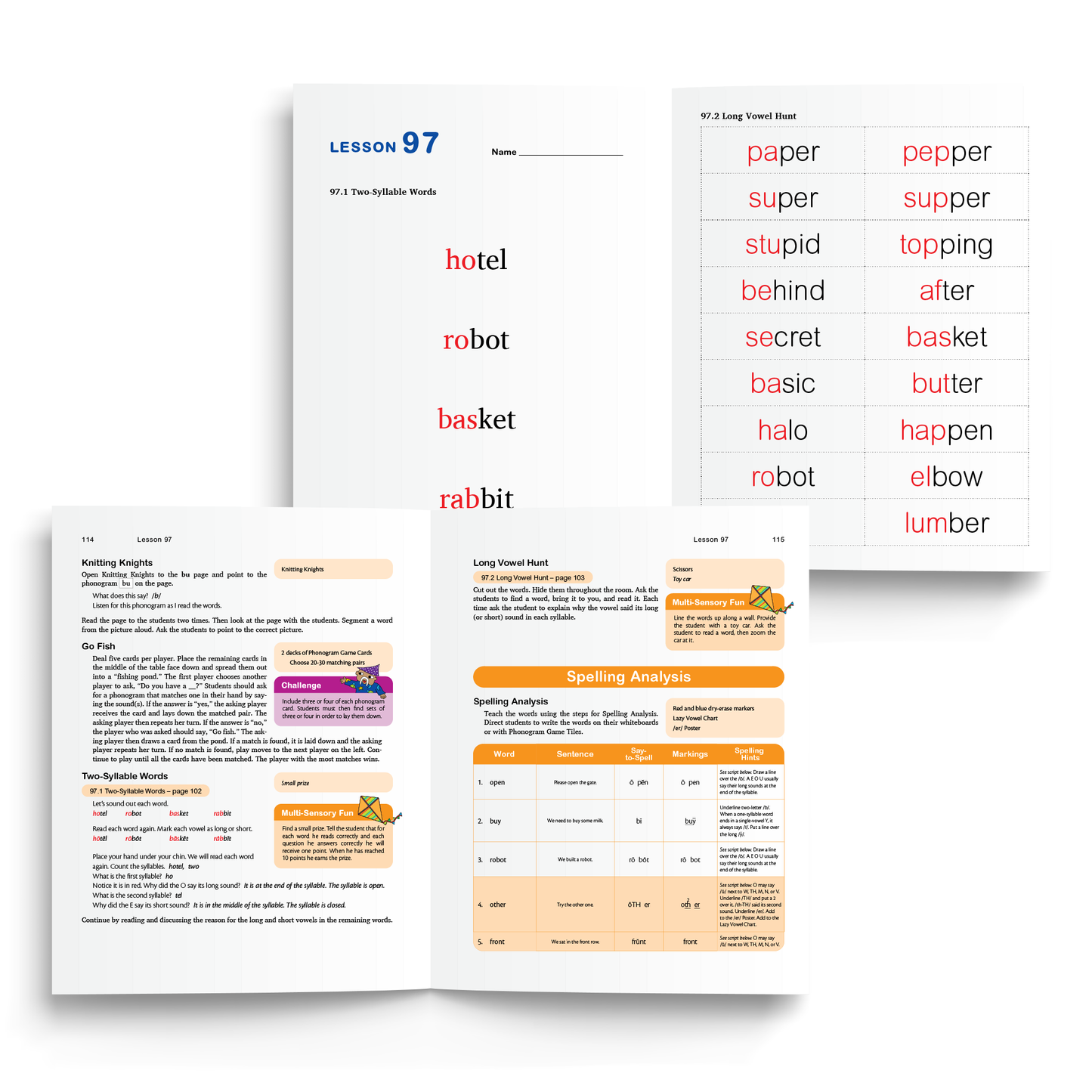 Sample of Teacher's Manual and Student Workbook for Foundations C - Lesson 97, Long Vowel Hunt