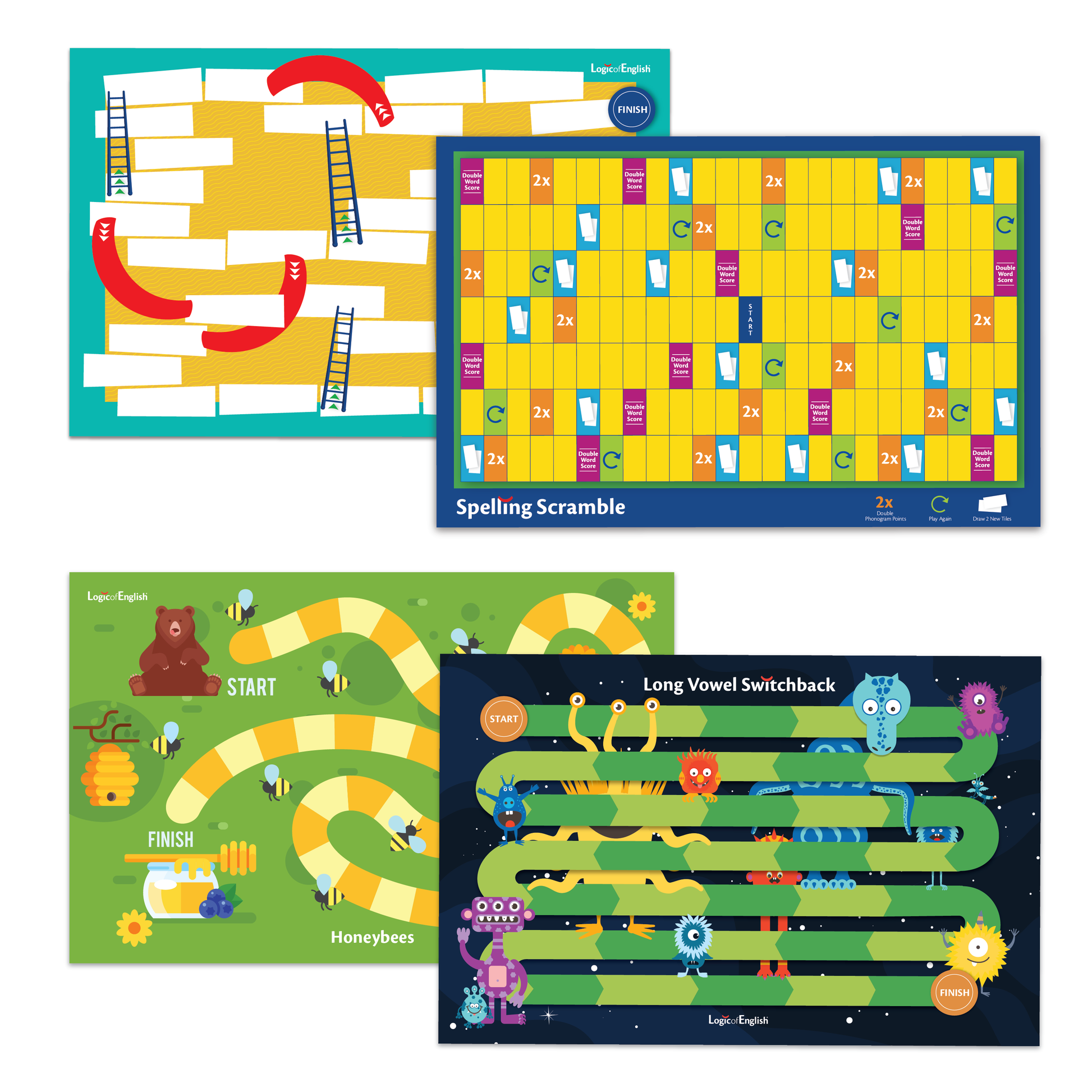 Four 11"x17" reusable, full-color game boards