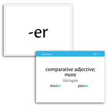Sample of Level A Morpheme Flash Cards for Essentials Units 1-7 - the suffix -er