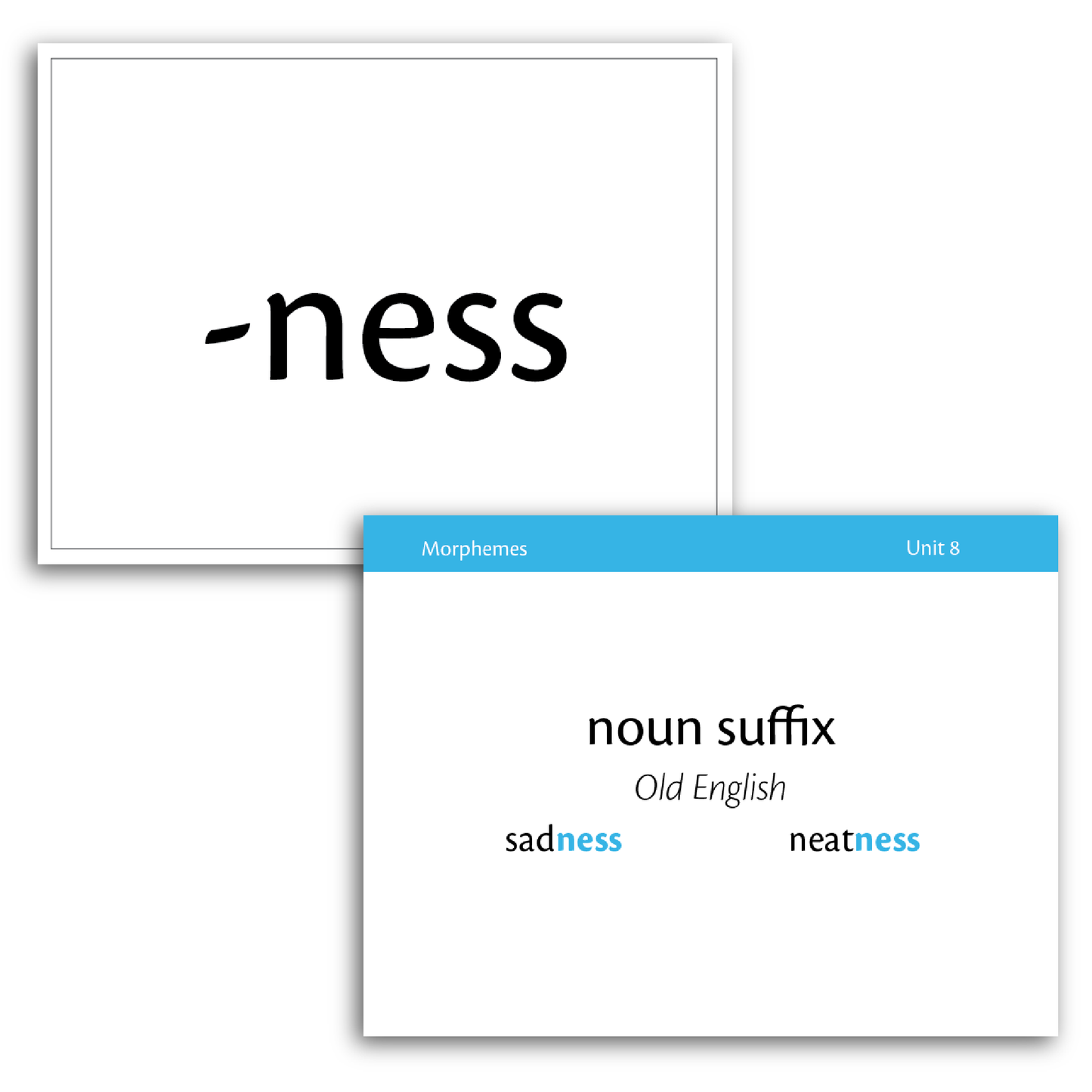 Sample of Level A Morpheme Flash Cards for Essentials Units 8-15 - the suffix -ness