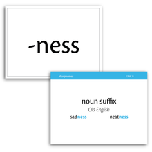 Sample of Level A Morpheme Flash Cards for Essentials Units 8-15 - the suffix -ness