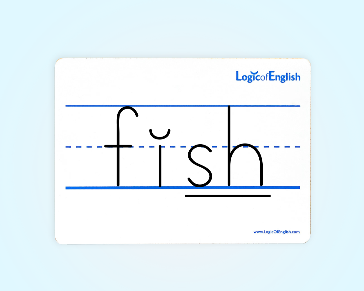 whiteboard displaying "fish"