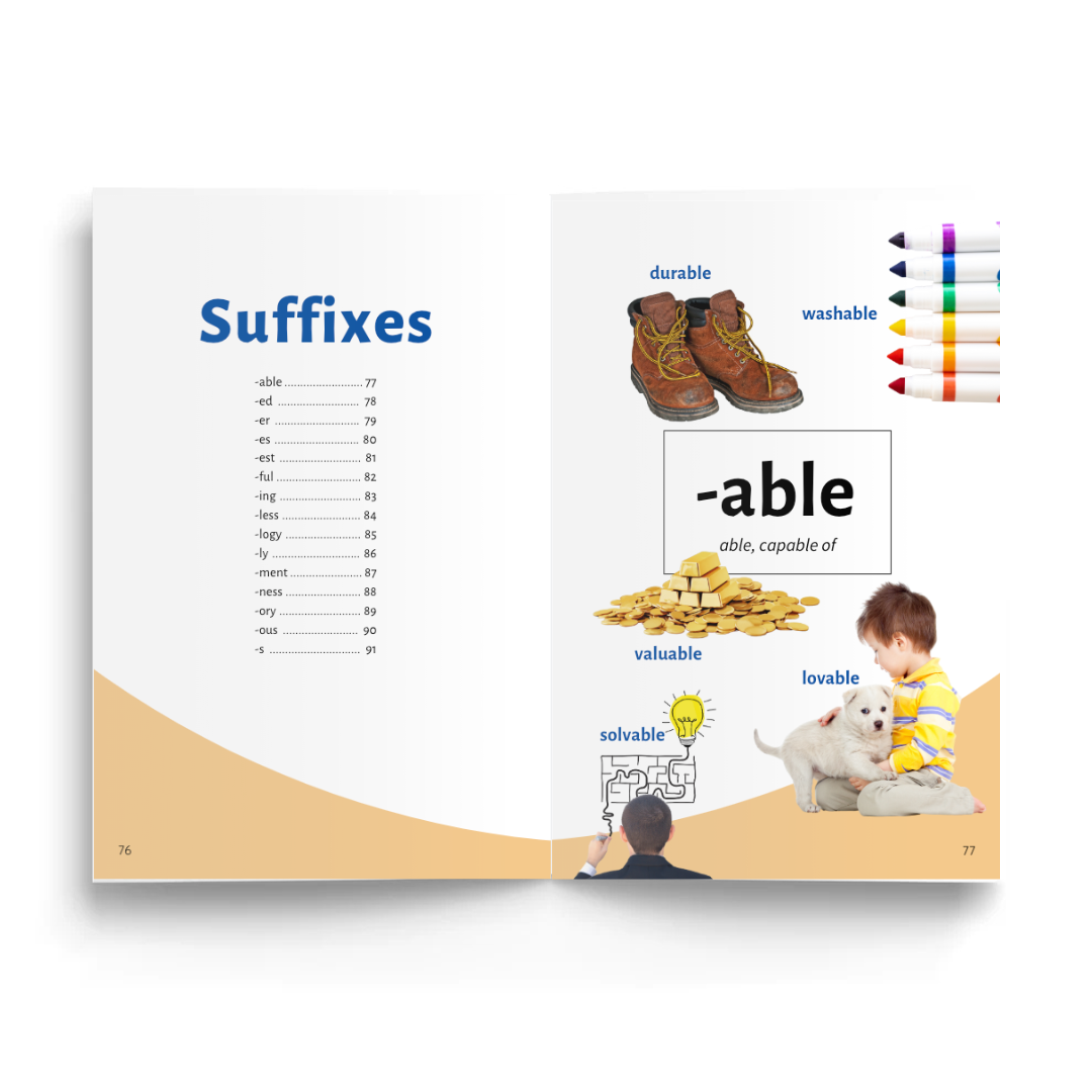 Educational book about suffixes with illustrations and text on a white background