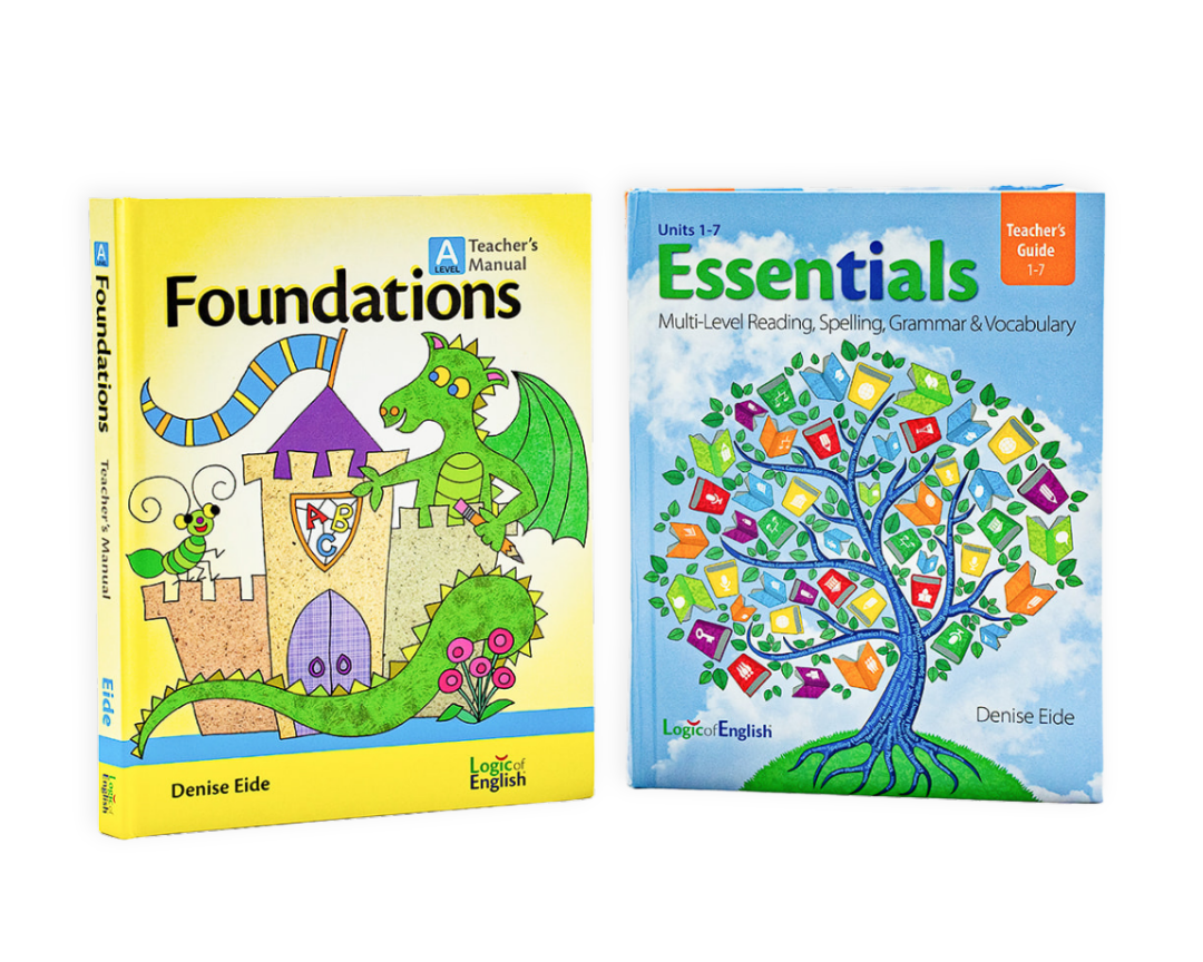 Two curriculums from Logic of English: 'Foundations' by Denise Eide on the left, with a yellow cover and a dragon illustration, and 'Essentials' by Denise Eide on the right, with a blue cover and a colorful tree of letters, shown side by side on a white background.