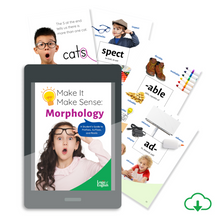 Educational materials and tablet with 'Make It Make Sense: Morphology' on a white background