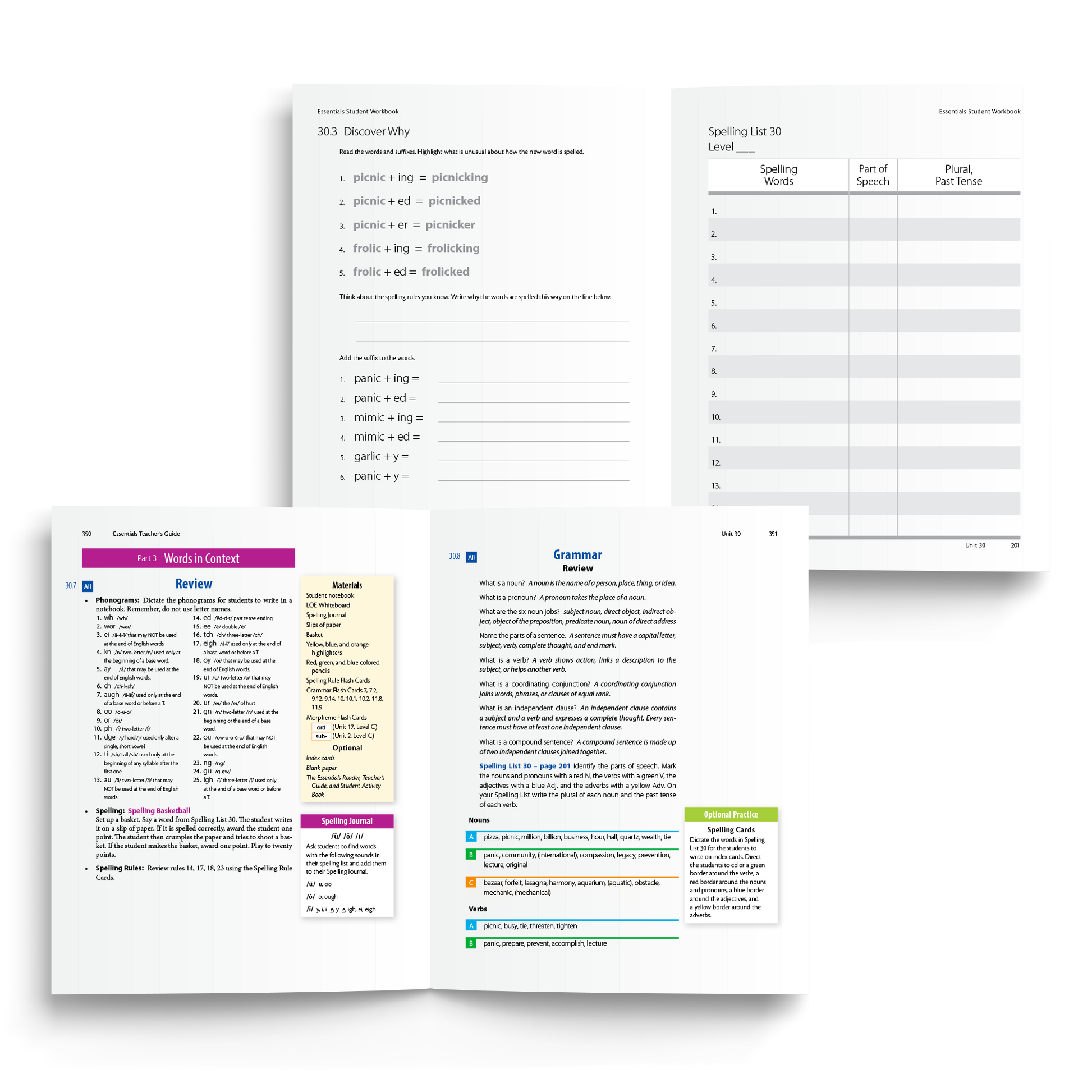 Sample of Teacher's Guide and Student Workbook for Essentials Units 23-30 - Part 3 Grammar Review Spelling List