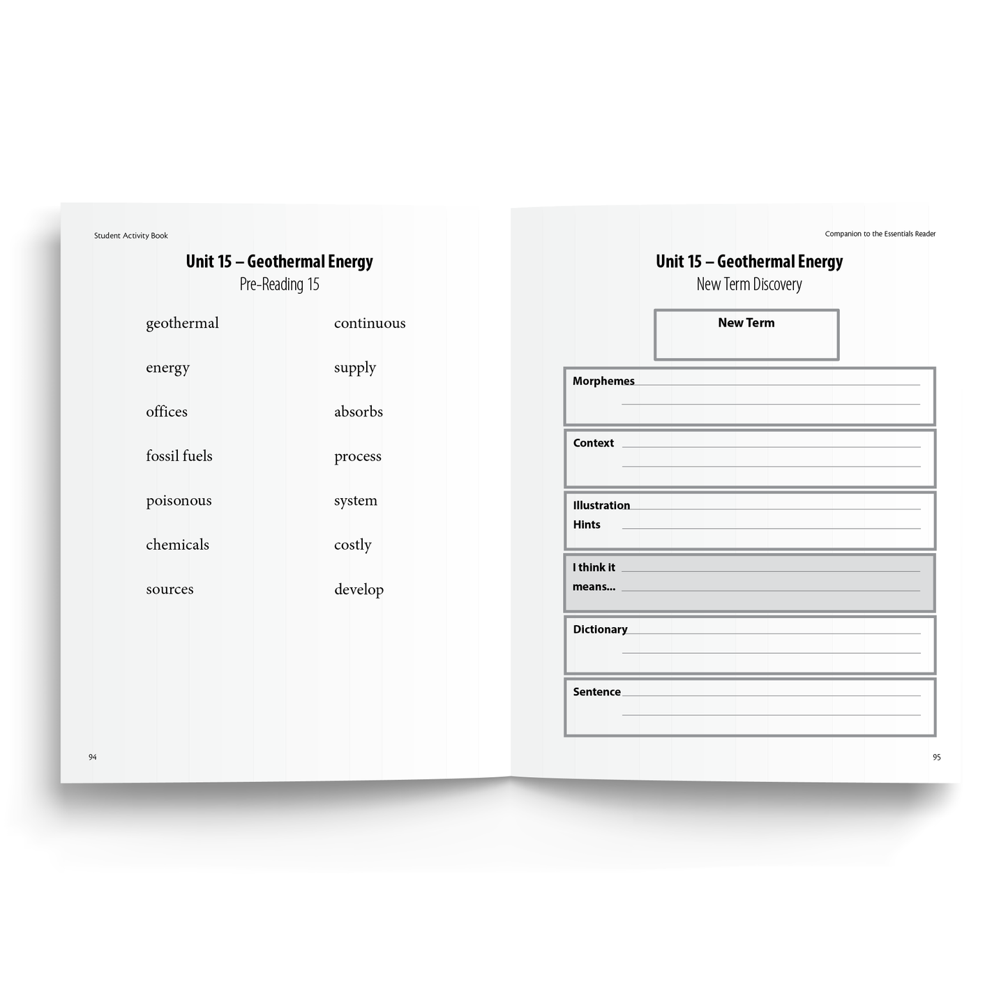 Sample of the Student Activity Book used with the Essentials Reader - Unit 15