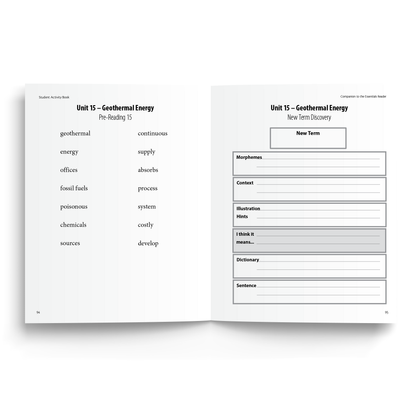Sample of the Student Activity Book used with the Essentials Reader - Unit 15