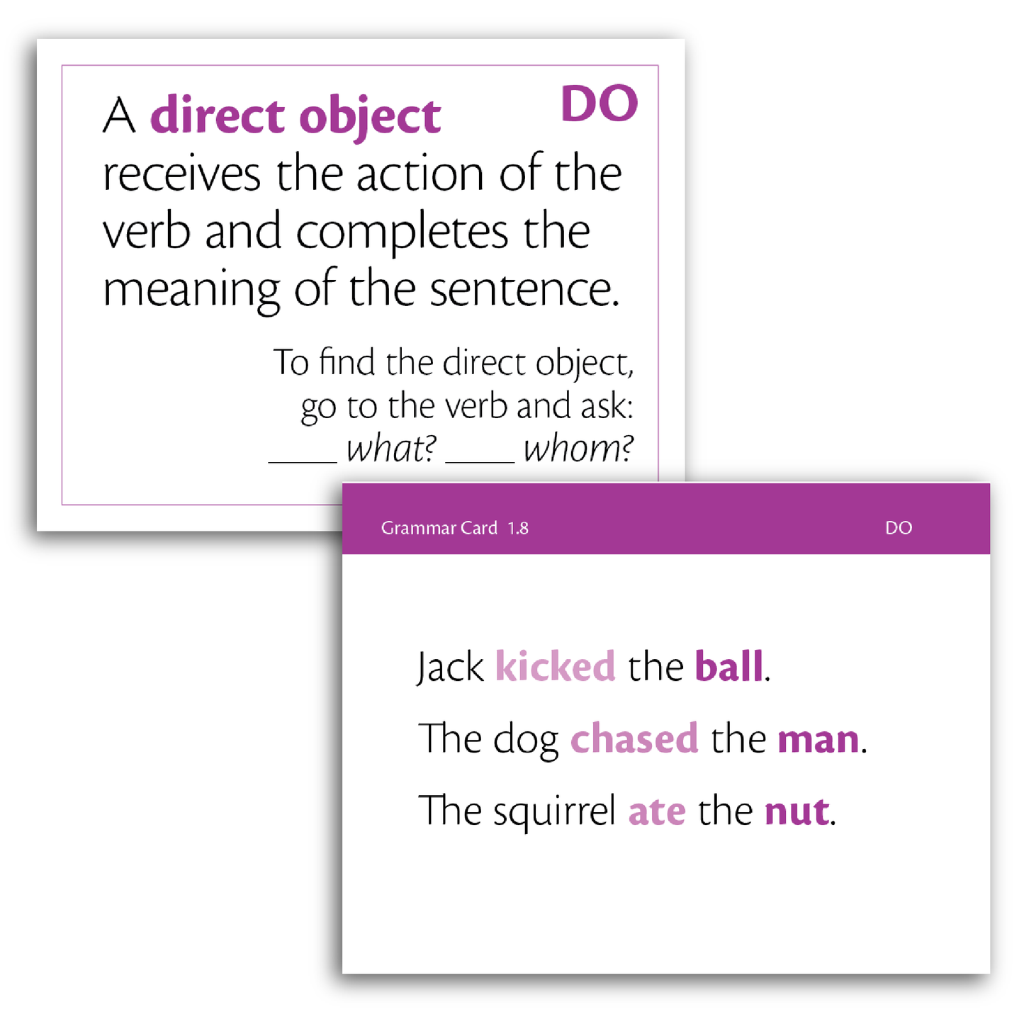 Sample of Grammar Flash Cards - Direct Object definition and examples