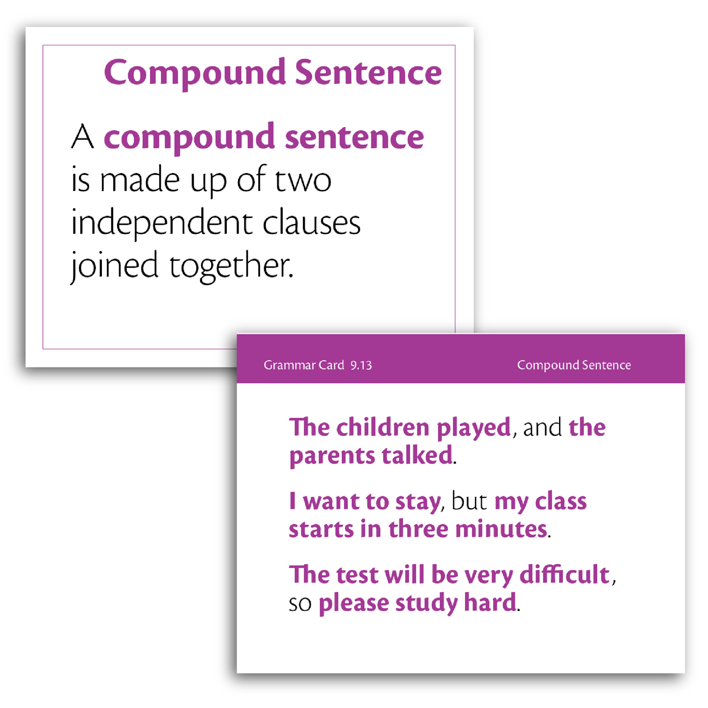 Sample of Grammar Flash Cards - Compound Sentence definition and examples