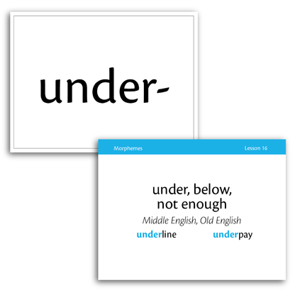 Sample of Level A Morpheme Flash Cards for Essentials Units 16-22 - the prefix under-